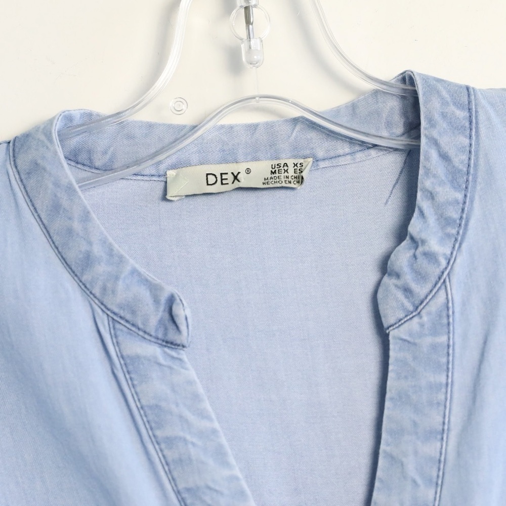 Dex chambray dress roll tab sleeve XS glitter pockets trim short mini tencel - Picture 4 of 9